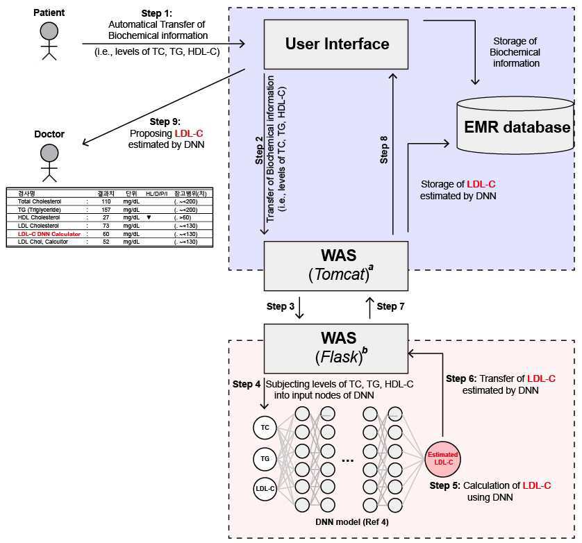 전자의무기록(Electronic Medical Record, EMR) 시스템과 연계된 심층 신경망 네트워크(Deep Neural Network, DNN) 모델을 이용한 저밀도 지질단백질 콜레스테롤(Low Density Lipoprotein Cholesterol, LDL-C) 예측 방법 및 예측 시스템 대표 이미지