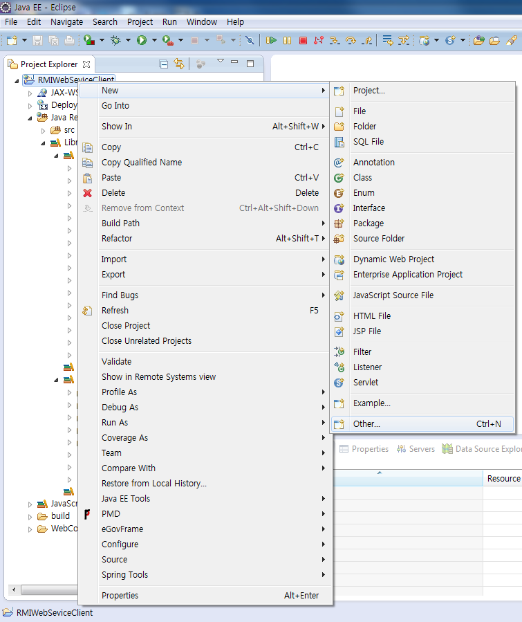 RMIWebServiceClient 프로젝트 선택후 new 선택후 other를 선택한 화면 