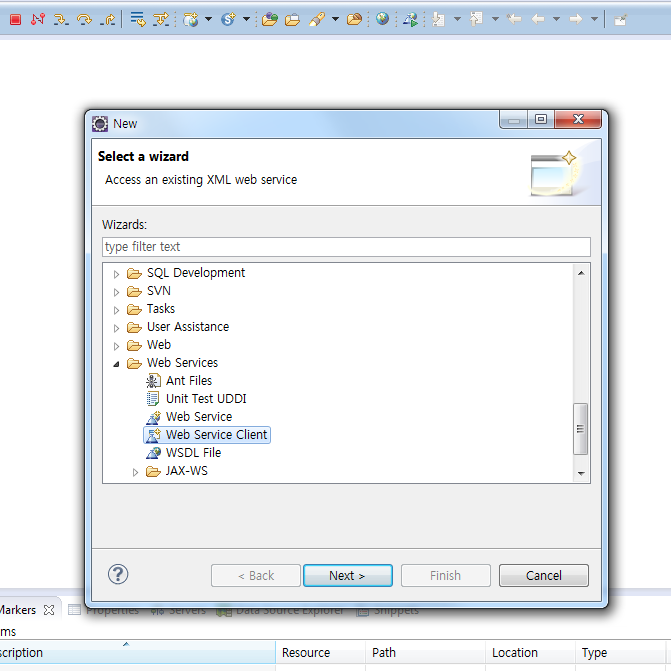 select a wizard창에서 Web Service Client를 선택한 화면 