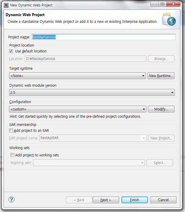 RestApiService 이름으로 프로젝트를 생성한 화면