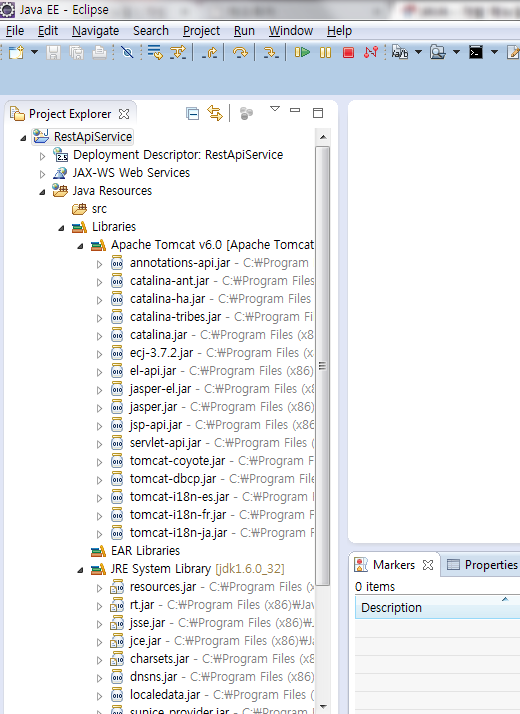 이클립스에서 RestApiService 프로젝트가 생성된 화면